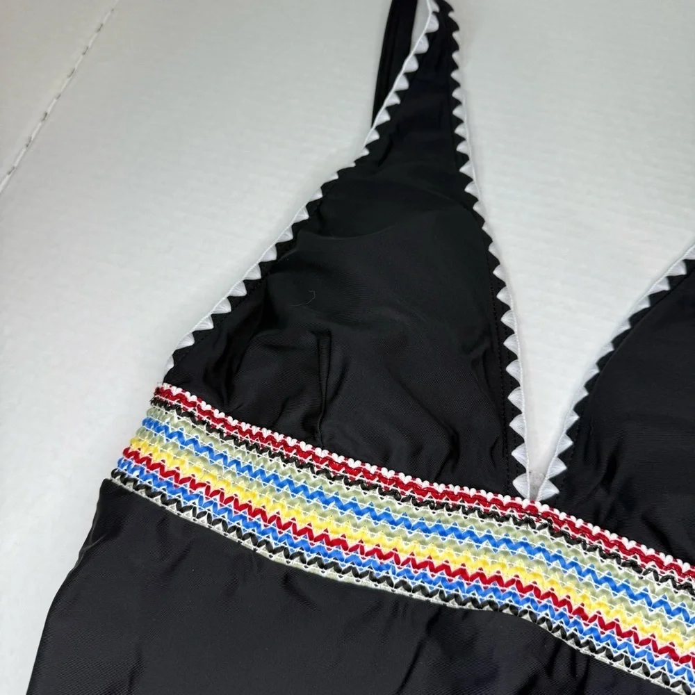 Black One-Piece Swimsuit with Rainbow Zigzag Trim – Size XL